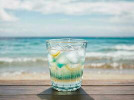 Cold drink in galss cup with beach ocean background, AI Generative photo