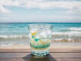 Cold drink in galss cup with beach ocean background, AI Generative photo