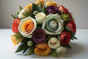 Beautiful bridal bouquet of different flowers on a dark background. ai generative photo