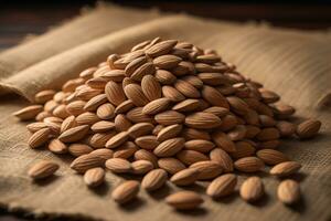 Almond nuts in wooden bowl on sackcloth and wooden background. ai generative photo