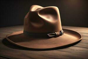 Cowboy hat on a wooden table. ai generative photo