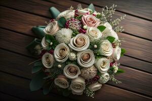 Beautiful bridal bouquet of different flowers on a dark background. ai generative photo