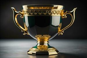 Golden trophy cup on wooden table. Award concept. ai generative photo