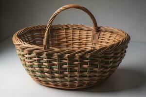 Empty wicker basket on a solid color background. ai generative photo