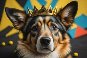 Portrait of a cute dog in a golden crown on a solid color background. ai generative photo