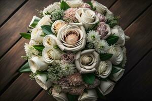 Beautiful bridal bouquet of different flowers on a dark background. ai generative photo