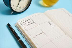 Cropped image of an open notebook with schedule, ink pen, black alarm clock lie on blue surface. Color background with copy space. Time management, deadline and schedule concept photo