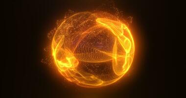 Abstract orange fire energy sphere of particles and waves of magical glowing on a dark background photo