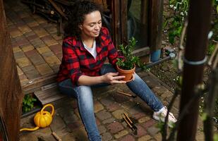 mujer jardinero sostiene un arcilla maceta con plantado menta hojas y disfruta jardinería en un de madera Kiosko en el campo jardín foto