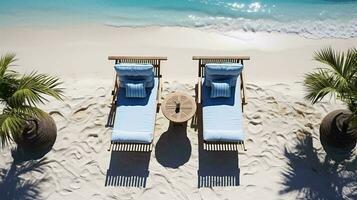 Beach by the sea with waves and sun loungers with umbrellas. Vacation vacation concept at the resort. AI generated photo