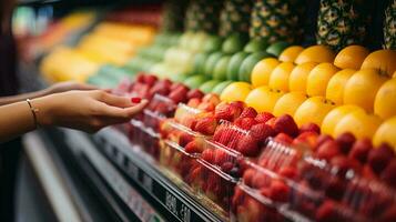 Fresh fruits, vegetables and berries on the shelf in the store in the supermarket background. AI generated photo