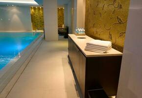Interior design of luxurious wellness spa resort with thermal swimming pool photo