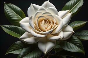 White rose with green leaves on a solid color background, top view. ai generative photo