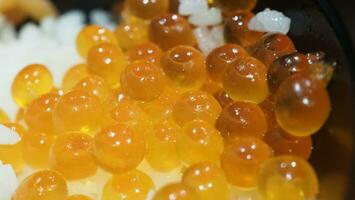 Close up of sashimi salmon roe with rice bowl or donburi in Japanese style food. photo