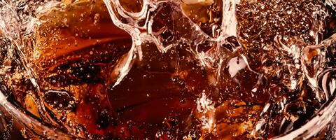 Splashing of Cola and Ice. Cola soda and ice splashing fizzing or floating up to top of surface. Close up of ice in cola water. Texture of carbonate drink with bubbles in glass. Cold drink background photo