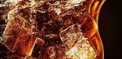 Cola with Ice. Close up of the ice cubes in cola water. Texture of carbonate drink with bubbles in glass. Cola soda and ice splashing fizzing or floating up to top of surface. Cold drink background. photo