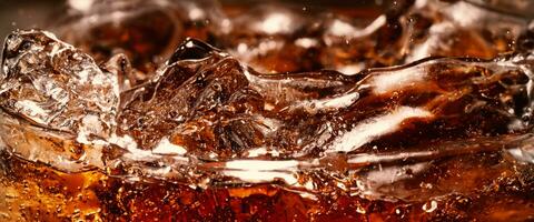 Splashing of Cola and Ice. Cola soda and ice splashing fizzing or floating up to top of surface. Close up of ice in cola water. Texture of carbonate drink with bubbles in glass. Cold drink background photo