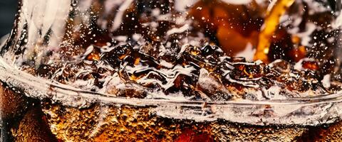 Splashing of Cola and Ice. Cola soda and ice splashing fizzing or floating up to top of surface. Close up of ice in cola water. Texture of carbonate drink with bubbles in glass. Cold drink background photo