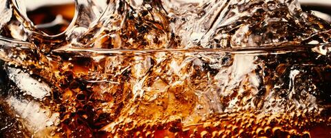 Splashing of Cola and Ice. Cola soda and ice splashing fizzing or floating up to top of surface. Close up of ice in cola water. Texture of carbonate drink with bubbles in glass. Cold drink background photo