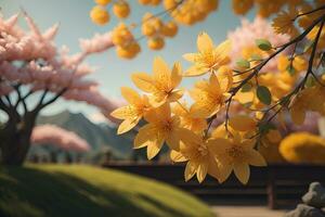 Cereza florecer sakura flor en azul cielo fondo, ai generativo foto