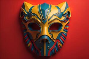 Mardi Gras mask on red background. generative ai photo