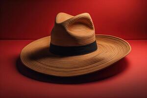 Paja sombrero en un rojo fondo, generativo ai foto