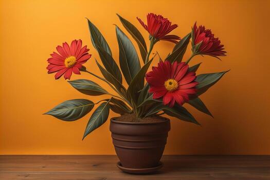 Flowers in a pot on a solid color background. ai generative photo
