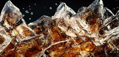 Cola with Ice. Close up of the ice cubes in cola water. Texture of carbonate drink with bubbles in glass. Cola soda and ice splashing fizzing or floating up to top of surface. Cold drink background. photo