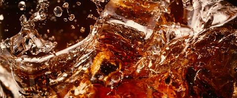 Splashing of Cola and Ice. Cola soda and ice splashing fizzing or floating up to top of surface. Close up of ice in cola water. Texture of carbonate drink with bubbles in glass. Cold drink background photo