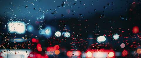 Driving in raining. Rain on car windshield or car window in rainy season and blurry traffic road in background. Rain drops on car mirror. Road in rain. Drizzle raining decreases driving visibility. photo