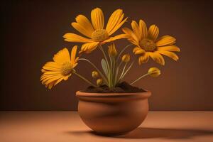 Flowers in a pot on a solid color background. ai generative photo