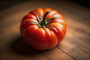 Fresco tomate en un de madera antecedentes. ai generativo foto