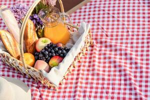 Picnic Lunch Meal Outdoors Park with food picnic basket. enjoying picnic time in park nature outdoor photo