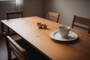 A cup of coffee on a wooden table. photo