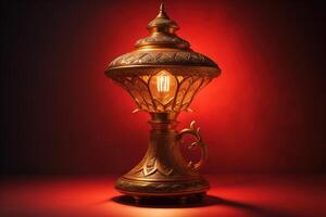 Arabic lamp on a red background. Ramadan Kareem concept. photo