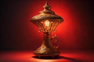 Arabic lamp on a red background. Ramadan Kareem concept. generative ai photo