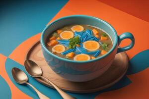 A bowl of soup with orange and carrot on a blue background. photo