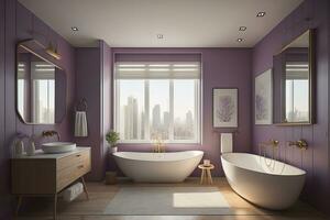 Bathroom interior with purple walls, wooden floor, purple bathtub and round mirror on the wall. generative ai photo