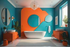 baño interior con naranja y azul paredes, hormigón piso, naranja bañera y redondo espejo. generativo ai foto