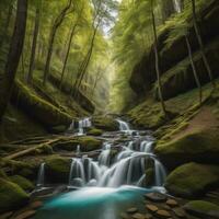 Beautiful waterfall in the forest, long exposure picture with motion blur. generative ai photo