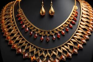 Beautiful golden necklace with precious stones on black background, closeup. photo