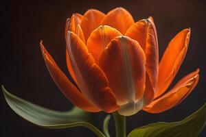 Beautiful orange tulip on a dark background, close-up. generative ai photo