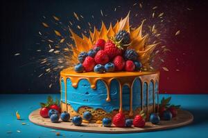 Birthday cake with berries on a blue background. generative ai photo