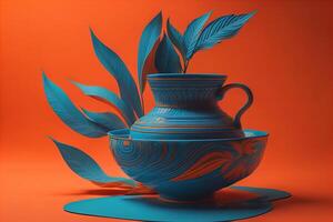 Blue ceramic vase and leaves on orange background. photo