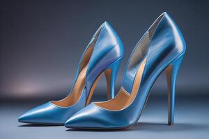 Blue high heel shoes on a blue background. generative ai photo