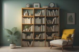 Bookshelf with books and armchair in living room. generative ai photo