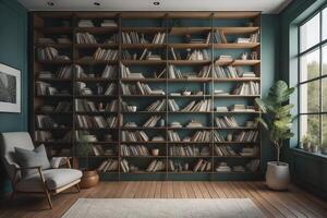 Bookshelf with books and armchair in living room interior. generative ai photo