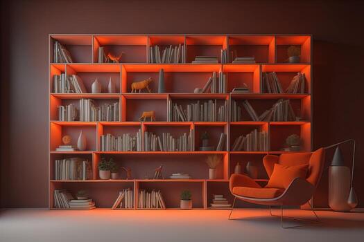 Bookshelf with books and armchair in red interior. photo