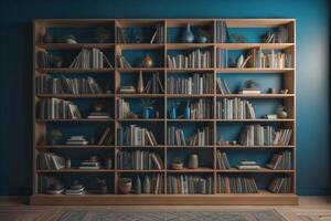 estantería con libros y decoraciones en azul pared. generativo ai foto