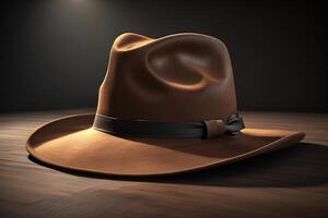 Brown cowboy hat on a wooden table. generative ai photo